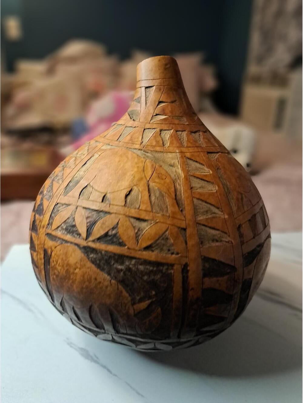 Vintage Handcrafted African Calabash Gourd Vessel Artist Signed Primitive